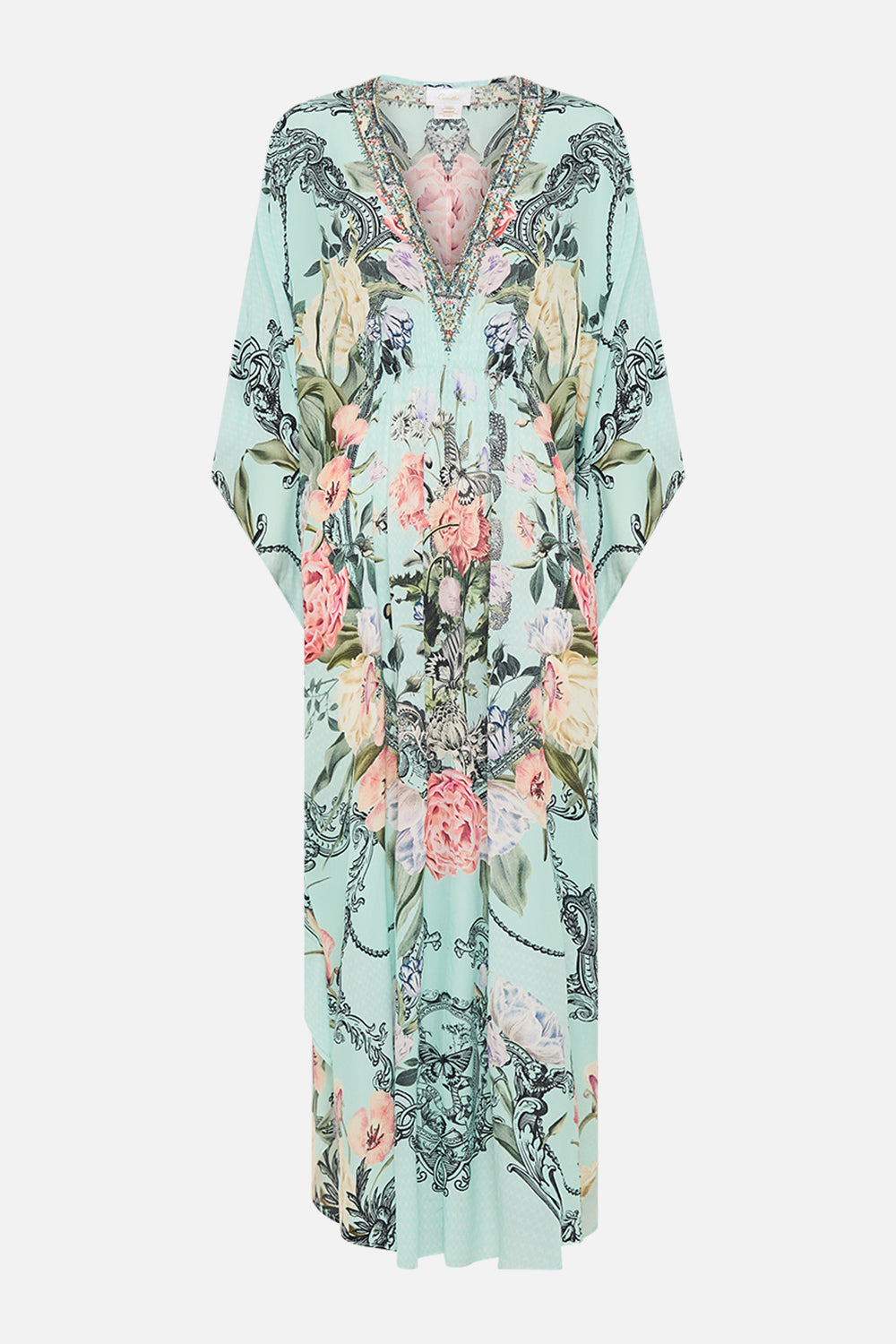 CAMILLA Floral Gathered Waist Kaftan in Petal Promise Land print