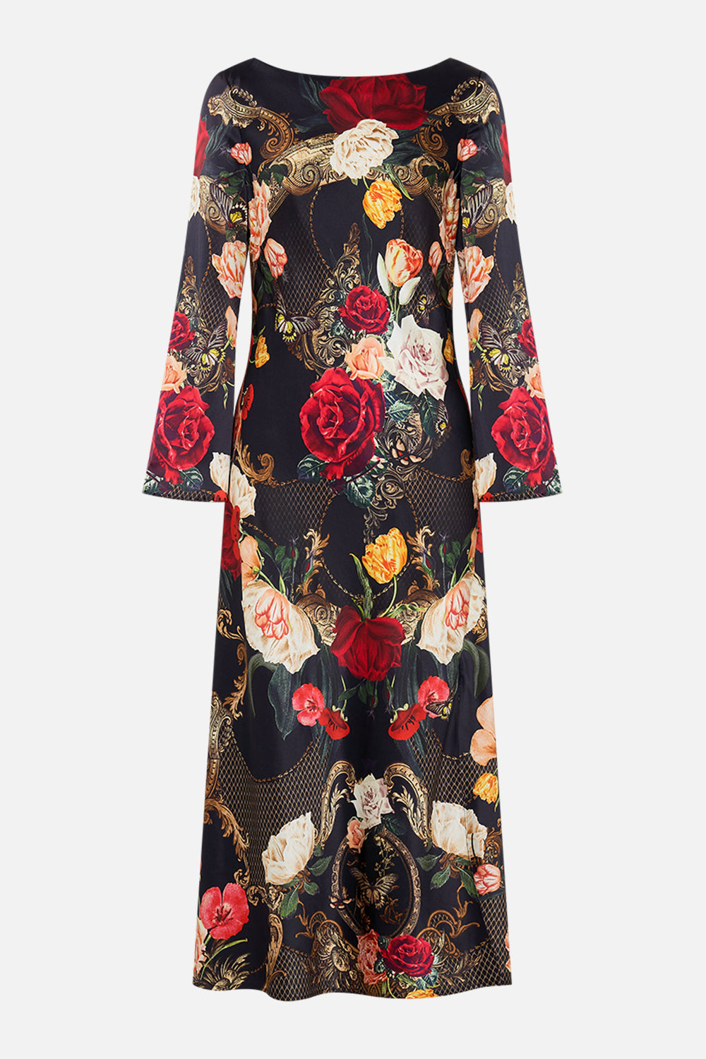 CAMILLA Black Long Sleeve Bias Dress in Magic in the Manuscripts print