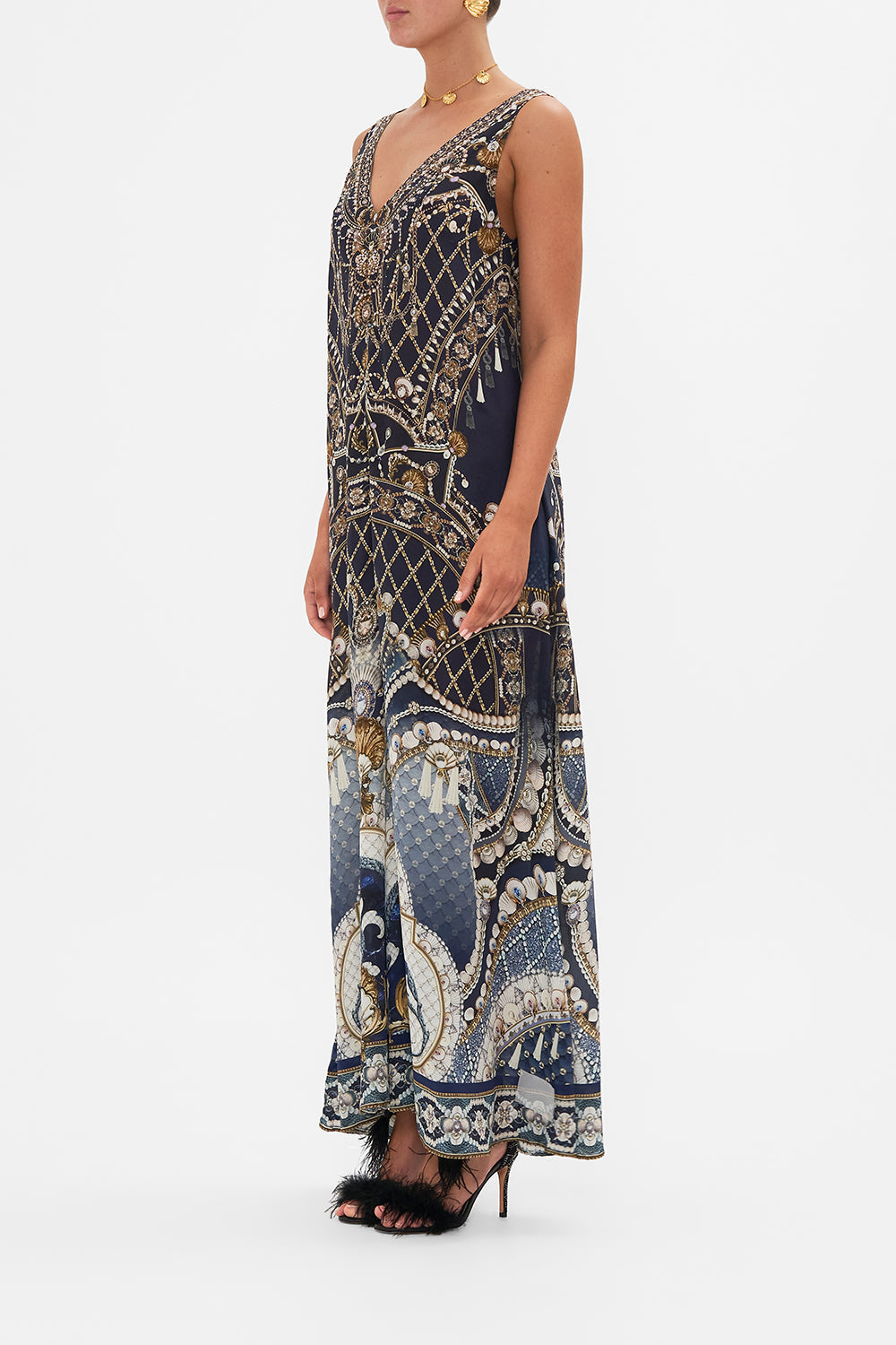 CAMILLA Gold V-Neck Flared Jumpsuit in Dance with the Duke print