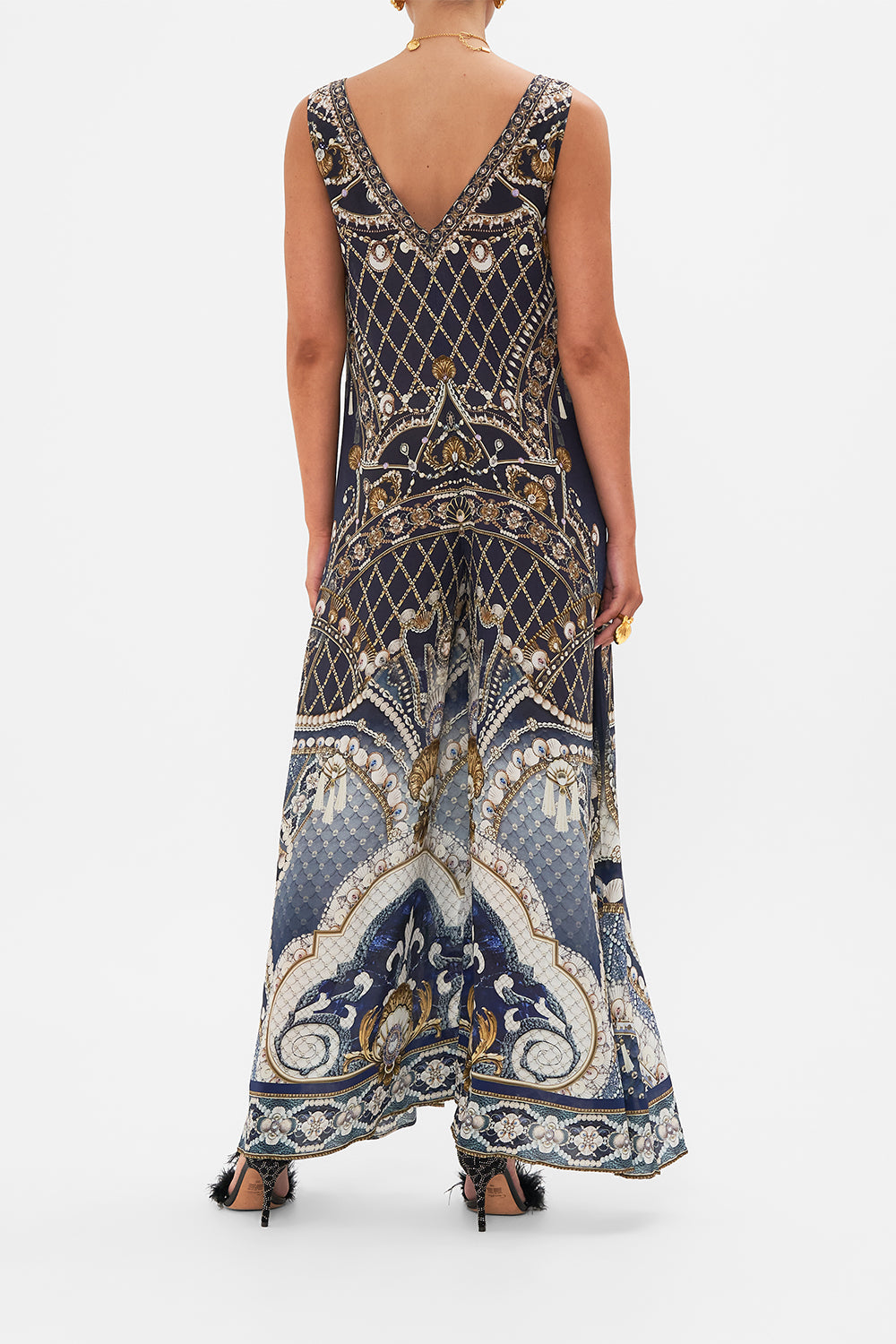 CAMILLA Gold V-Neck Flared Jumpsuit in Dance with the Duke print