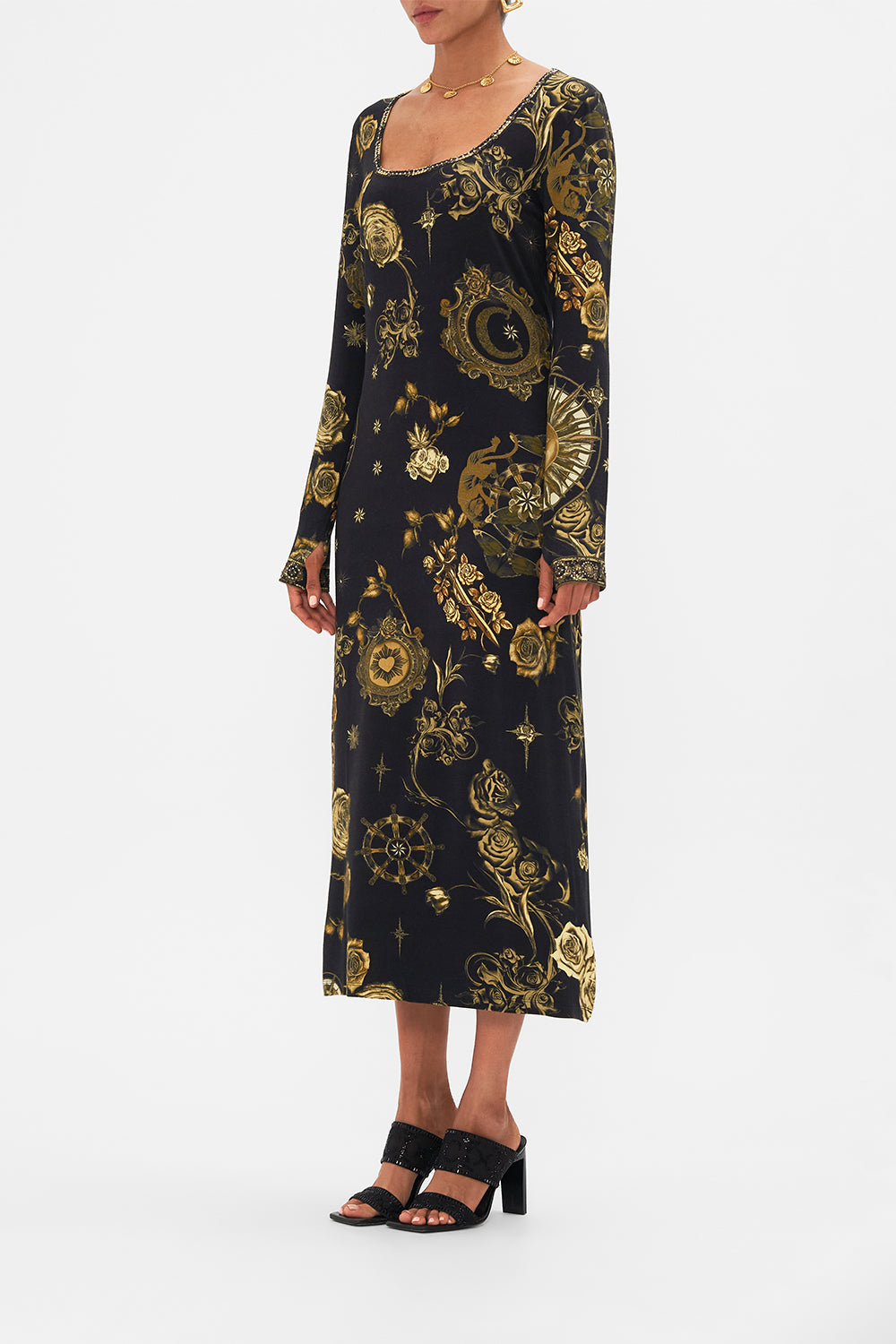 CAMILLA black square neck midi jersey rib dress in So Says The Oracle print.