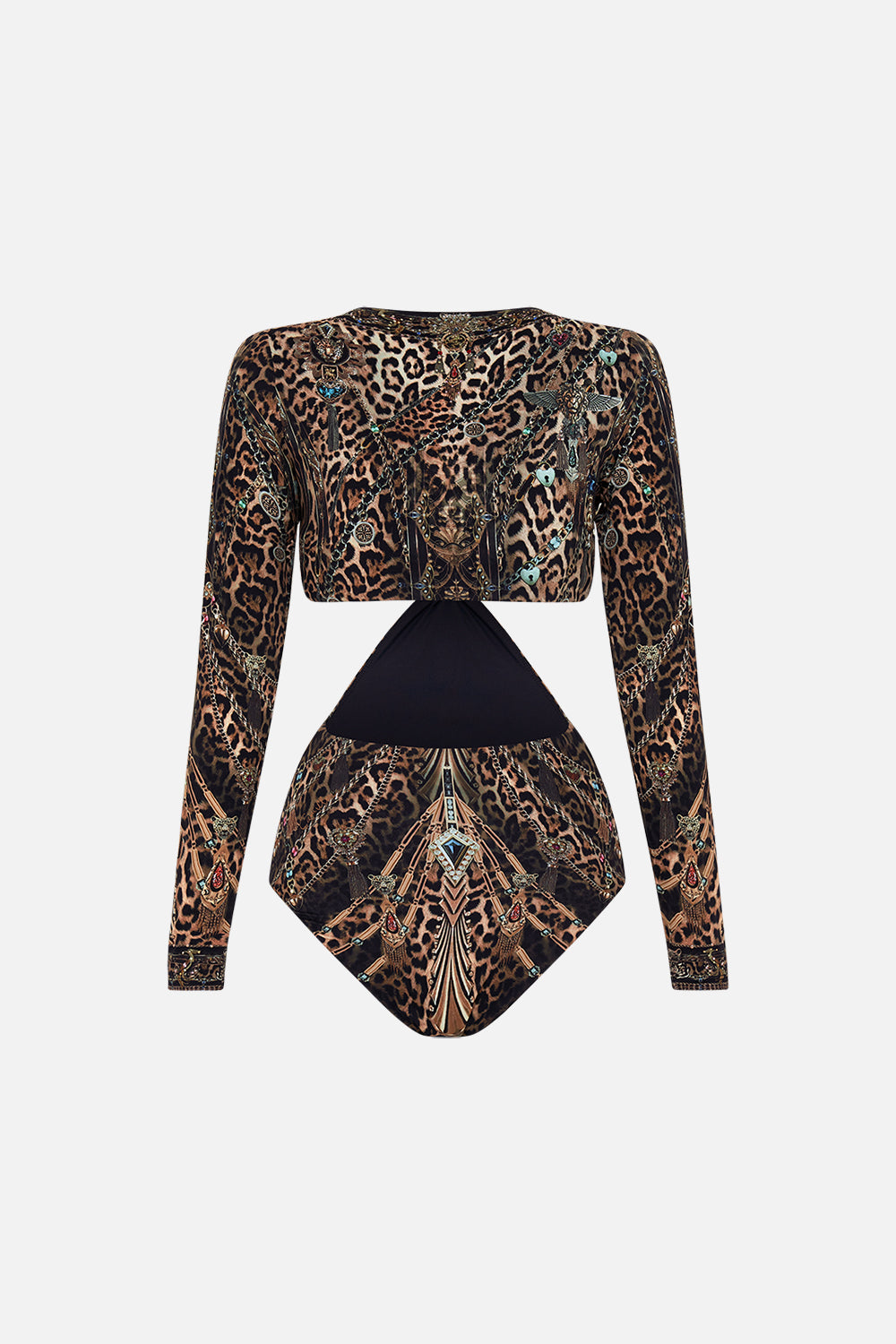 CAMILLA leopard cut-out bodysuit with trim in Amsterglam