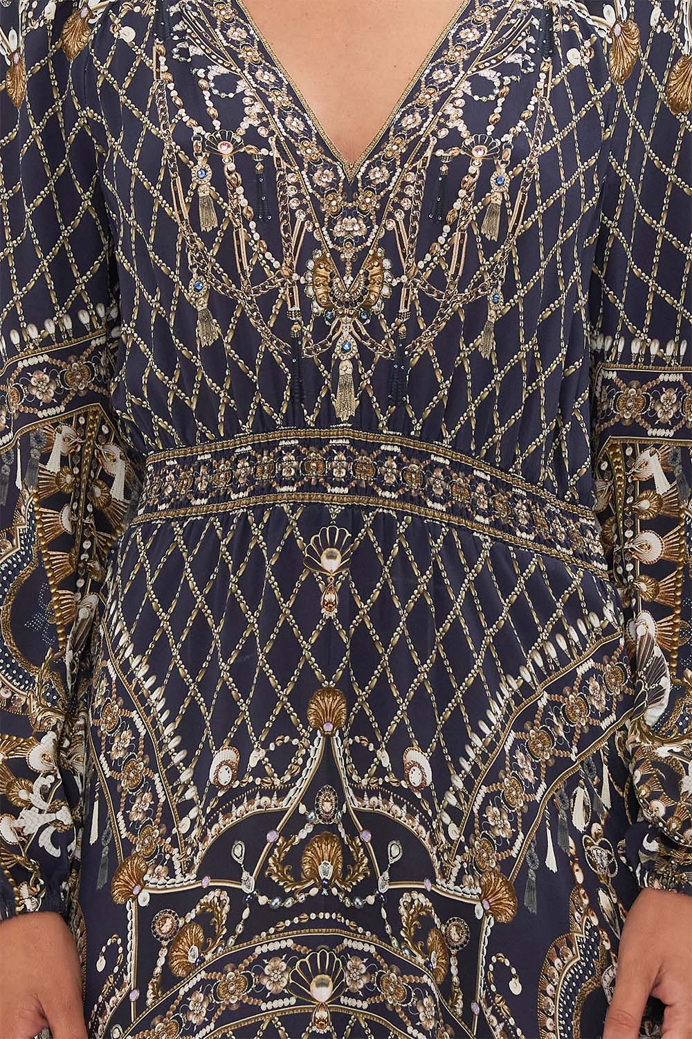 CAMILLA Gold Raglan Shirred Waist Dress in Dance with the Duke print