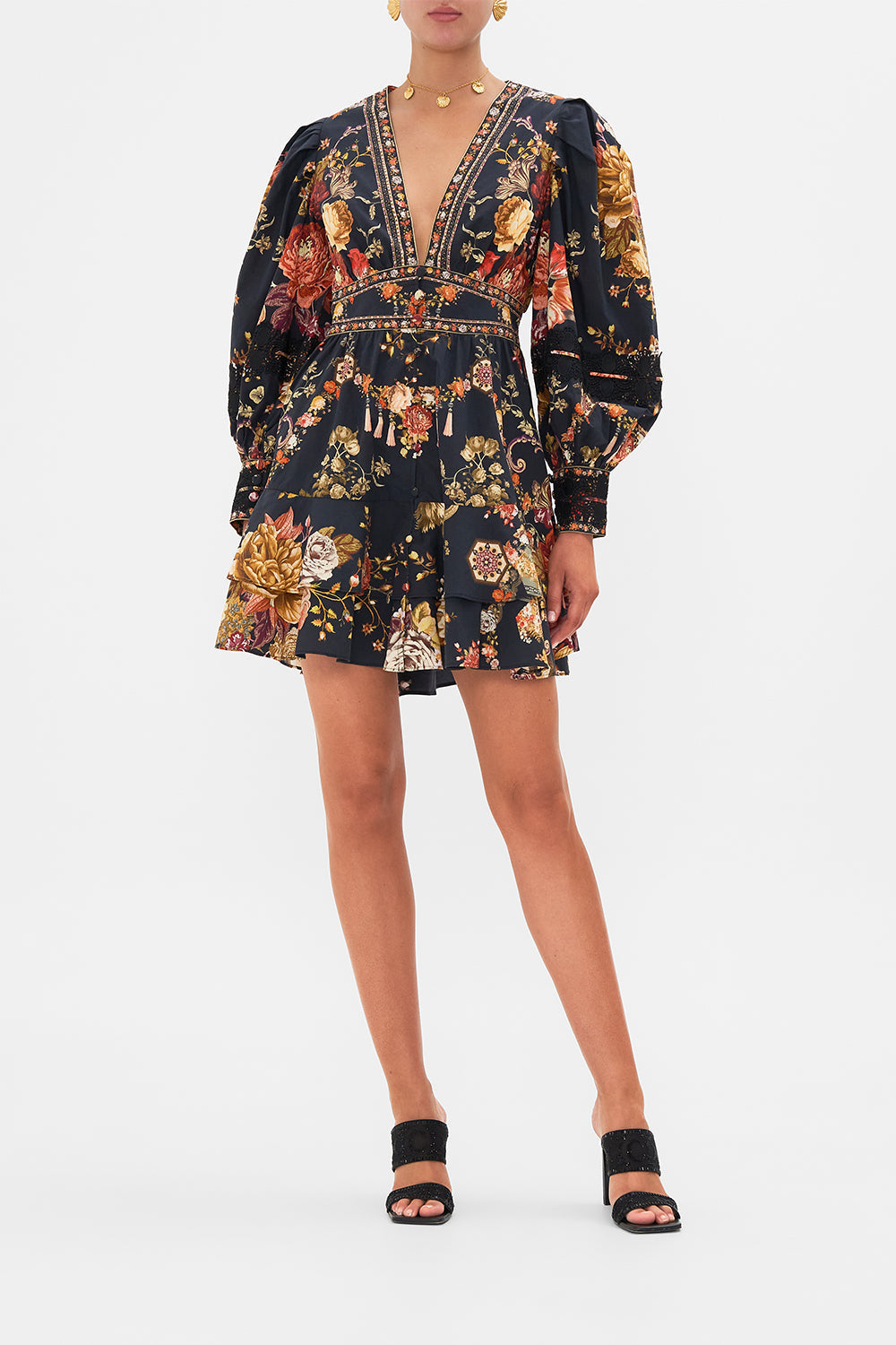 CAMILLA Floral Button Front Frill Dress with Lace Detail in Stitched in Time