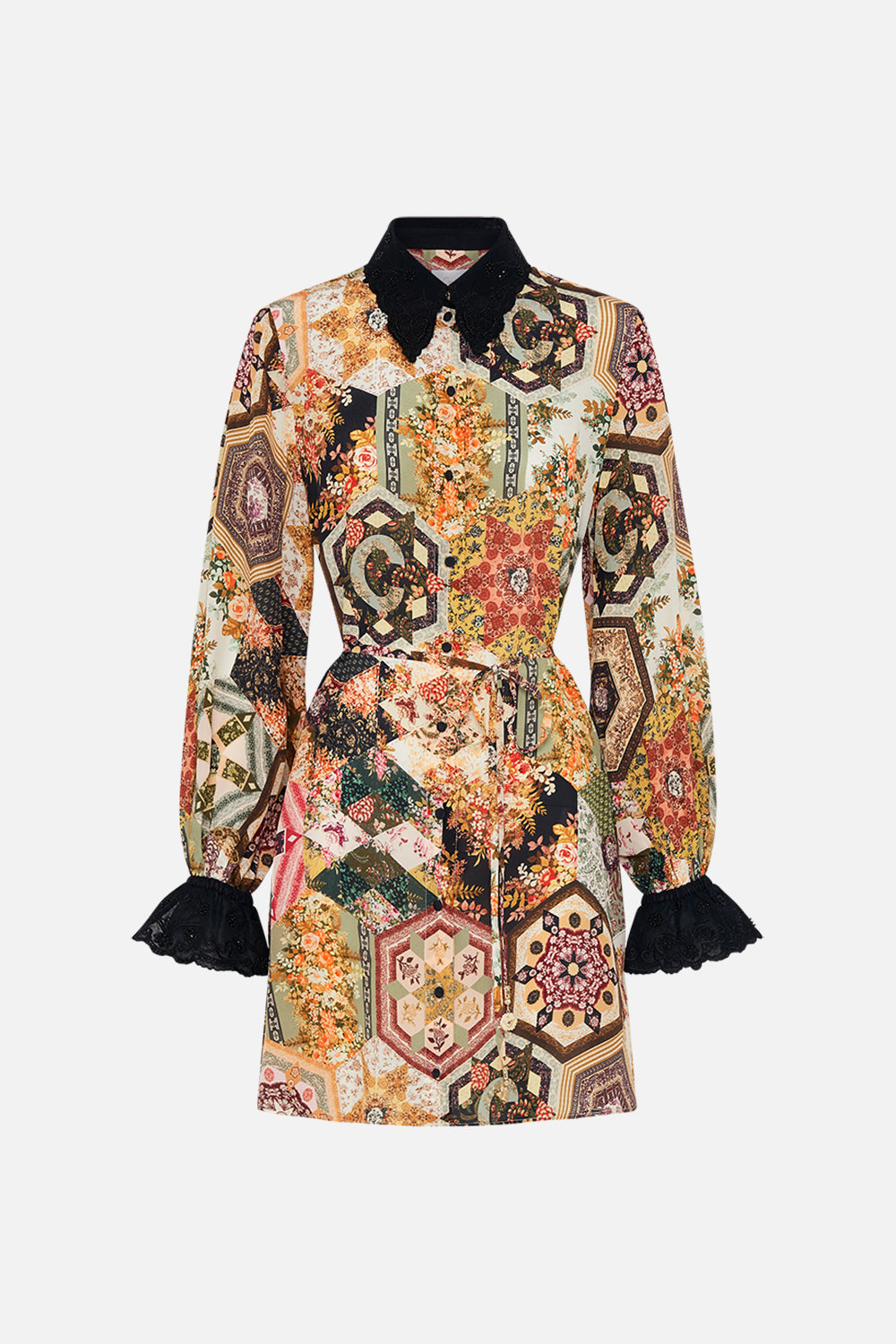 CAMILLA floral shift shirt dress with broderie detail in Stitched in Time print 