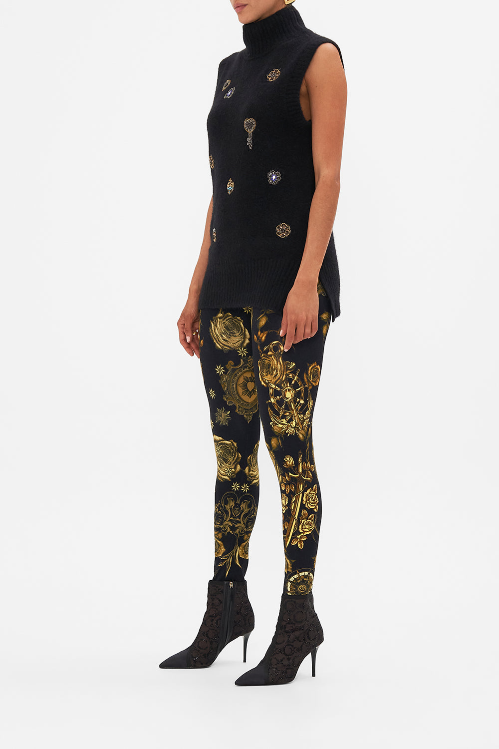 CAMILLA leopard relaxed sleeveless turtleneck knit top in Amsterglam print.