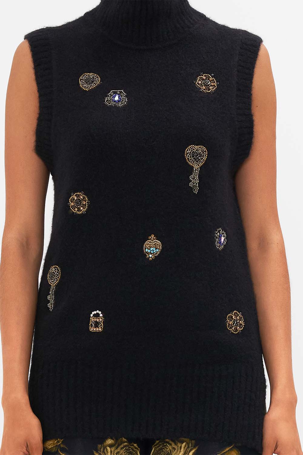 CAMILLA leopard relaxed sleeveless turtleneck knit top in Amsterglam print.