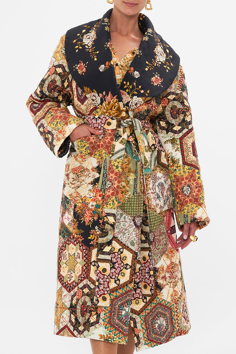 CAMILLA Black Quilted Long Wrap Coat in Stitched in Time print