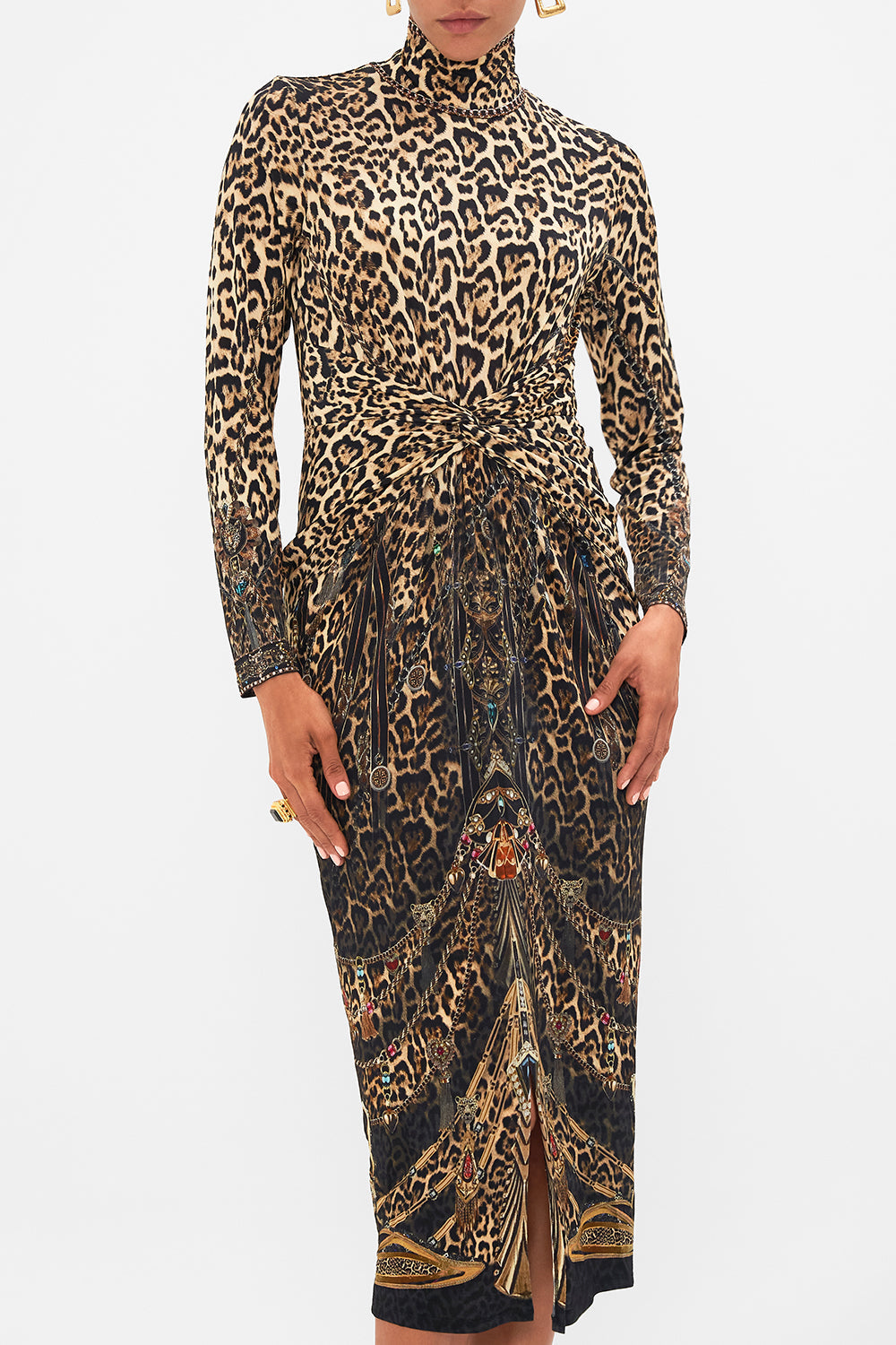 CAMILLA leopard turtle neck midi gathered jersey dress in Amsterglam print.