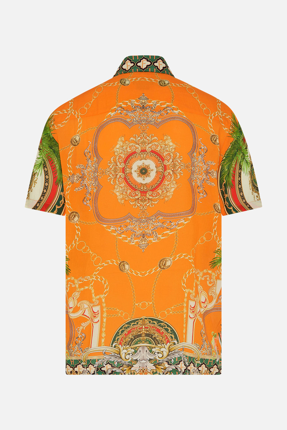 Back product view of Hotel Franks by CAMILLA mens orange short sleeve camp collared shirt in Dancing With The Bulls print