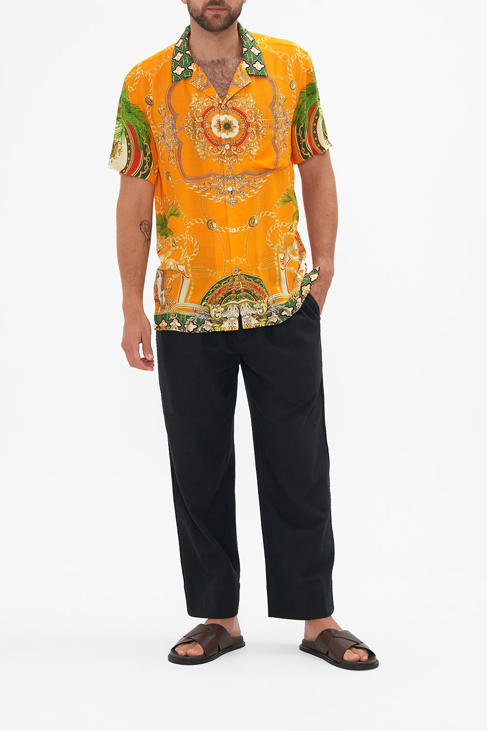 Front view of model wearing Hotel Franks by CAMILLA mens orange short sleeve camp collared shirt in Dancing With The Bulls print