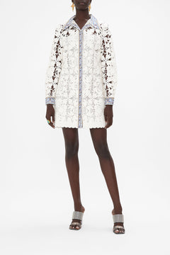 Front view of model wearing CAMILLA silk tunic dress in Season Of The Siren print