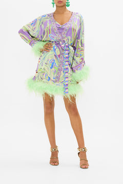 CAMILLA wrap dress with feathers in Amsterdam Jewel print