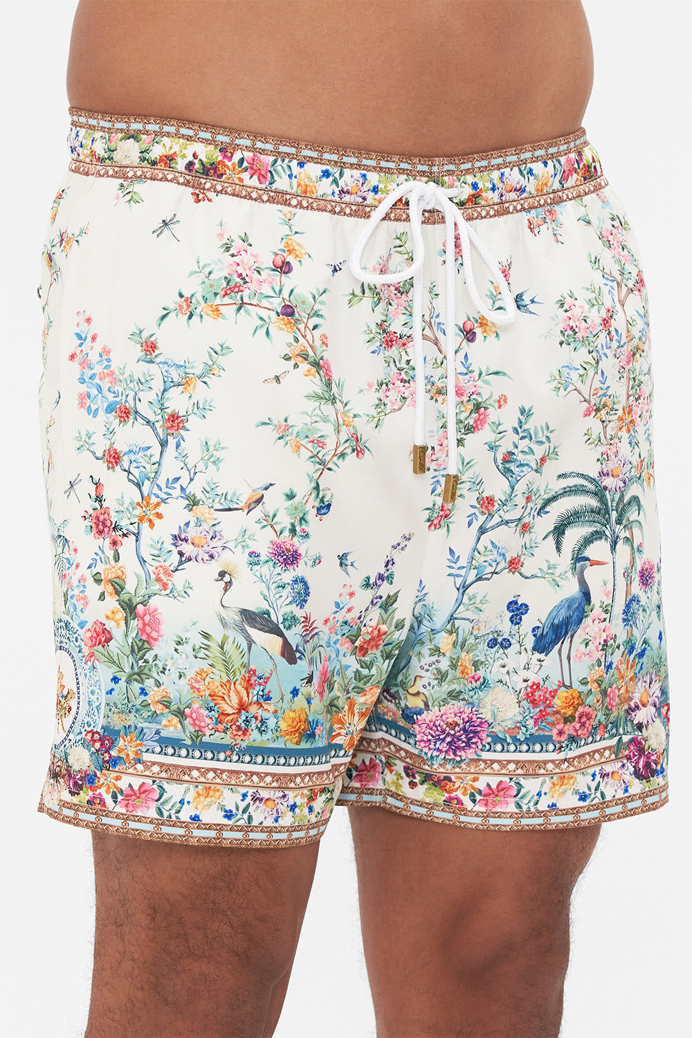 Hotel Franks By CAMILLA mens white floral print boardshorts in Plumes And Parterres print