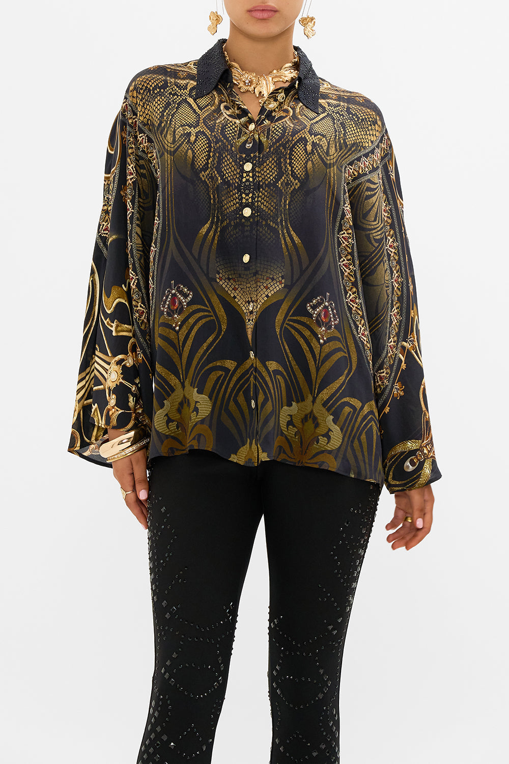 CAMILLA silk blouse in Nouveau Noir print