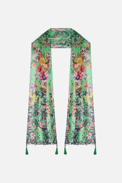 Front view of CAMILLA long silk scarf in Porcelain Dream print