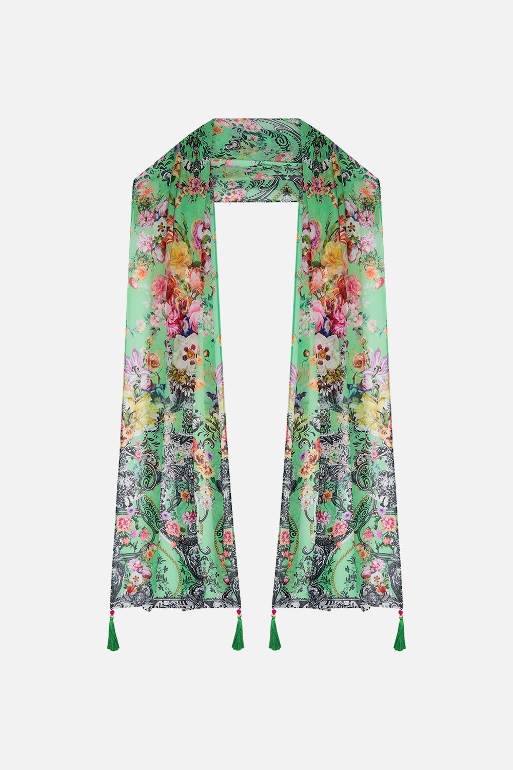 Front view of CAMILLA long silk scarf in Porcelain Dream print