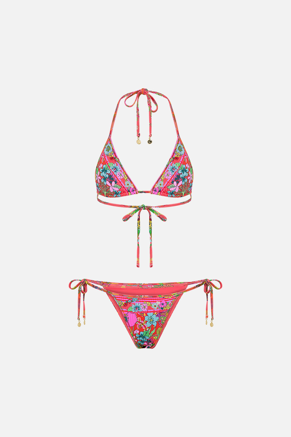 CAMILLA pink tri bra bikini with multicolor stitch in Windmills and Wildflowers