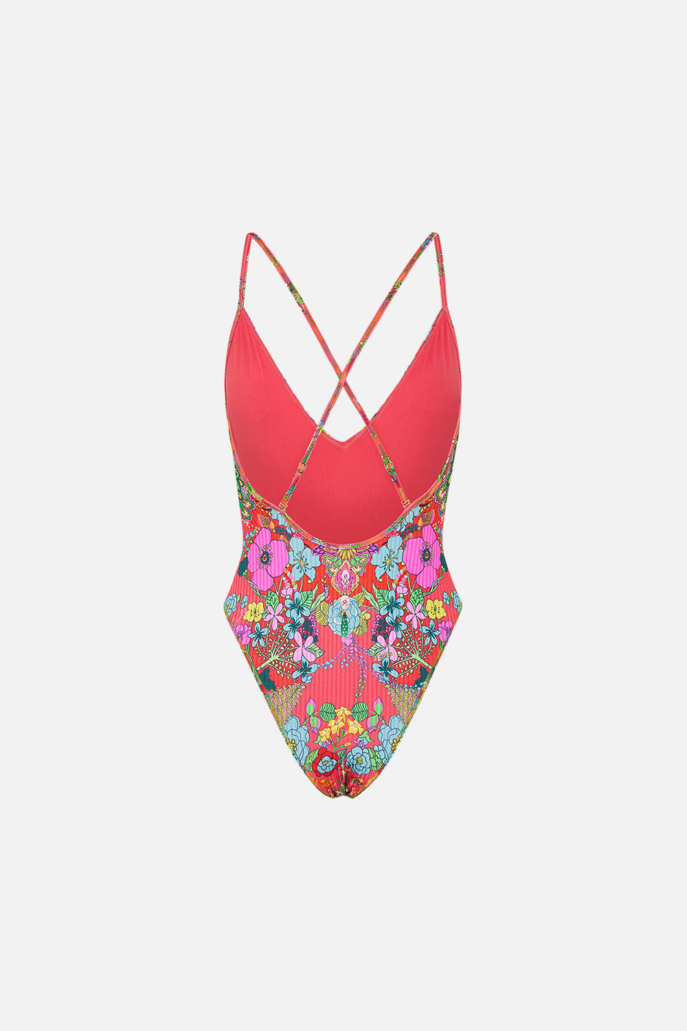 CAMILLA pink v-neck one piece with multicolor stitch in Windmills and Wildflowers