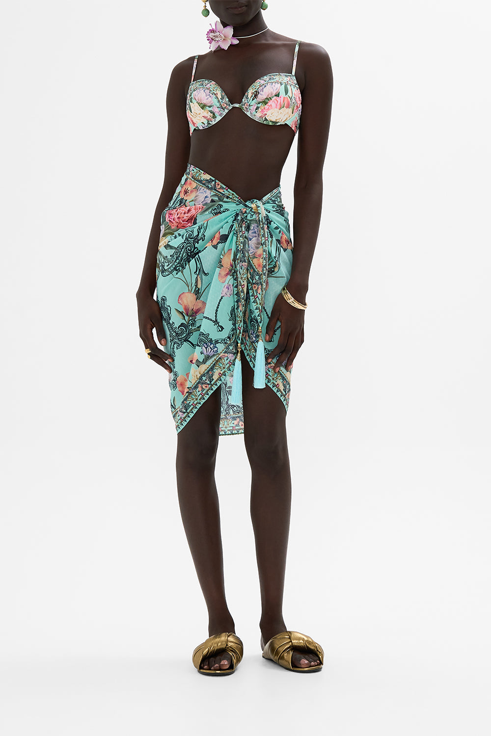 CAMILLA floral short tassel sarong in Petal Promise Land