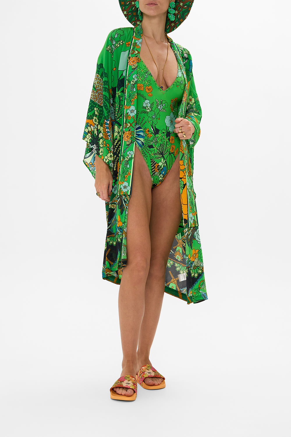 CAMILLA green v-neck one piece with multicolor stitching in Good Vibes Generation