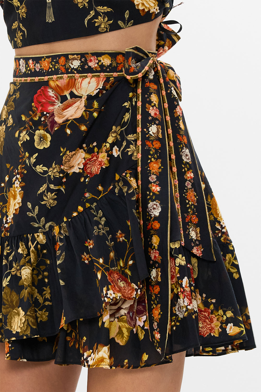 CAMILLA Floral Ruffle Hem Wrap Skirt in Stitched in Time