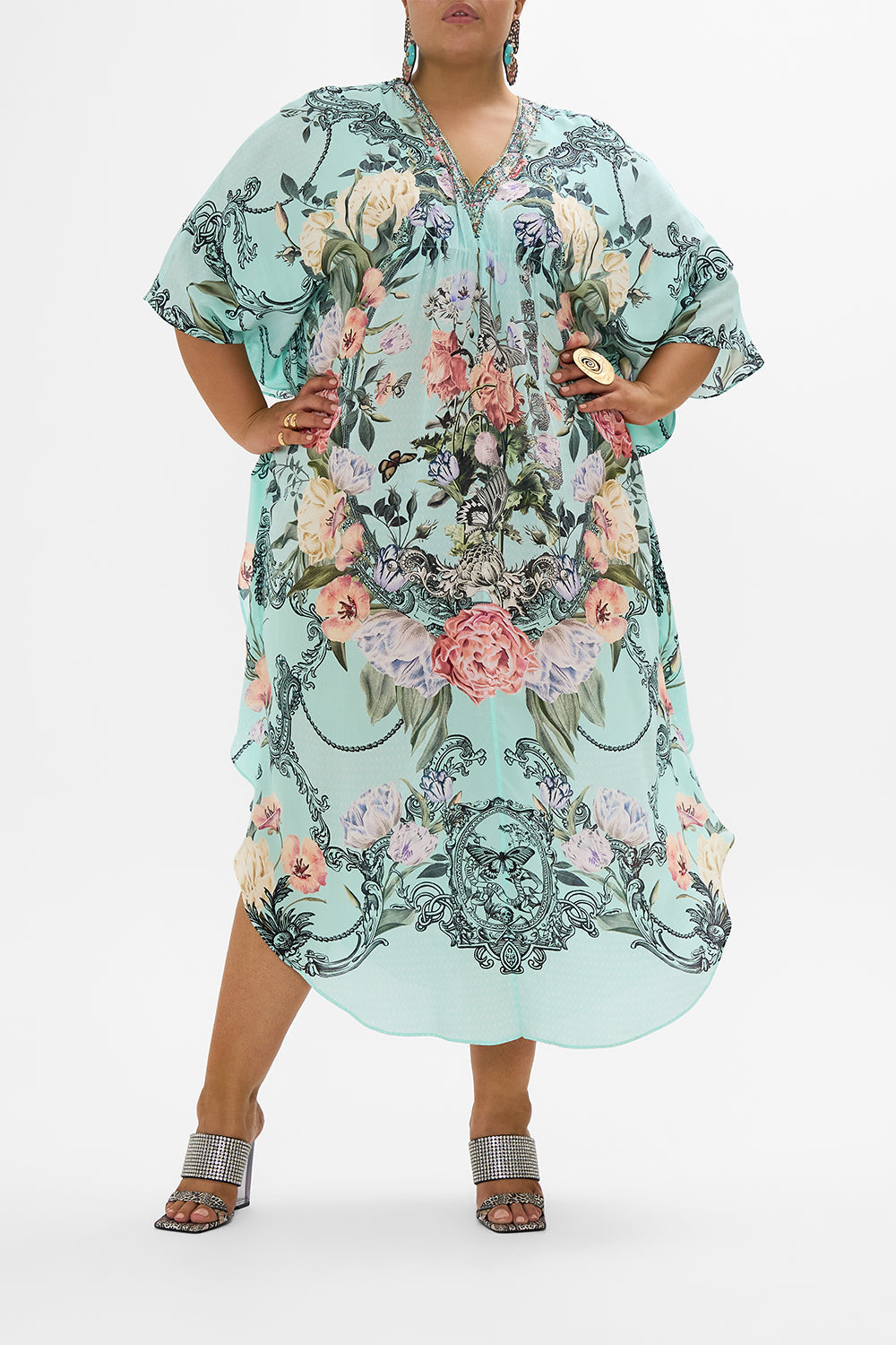 CAMILLA Floral Gathered Waist Kaftan in Petal Promise Land print