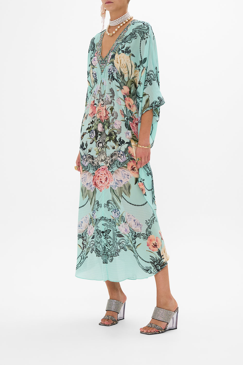 CAMILLA Floral Gathered Waist Kaftan in Petal Promise Land print