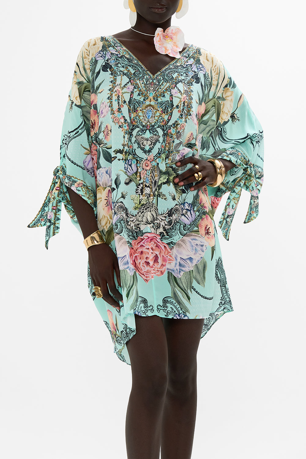 CAMILLA Floral Tie Sleeve Short V-Neck Kaftan in Petal Promise Land print