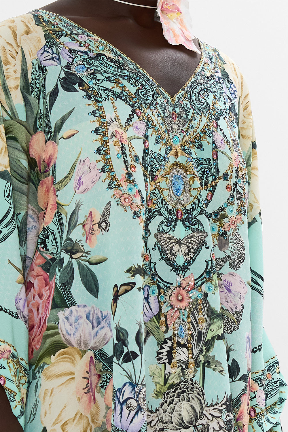 CAMILLA Floral Tie Sleeve Short V-Neck Kaftan in Petal Promise Land print