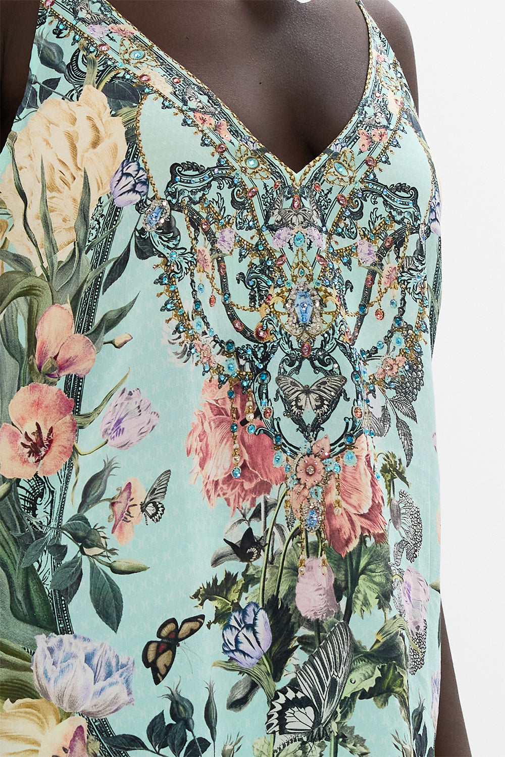 CAMILLA floral v neck silk cami in Petal Promiseland print