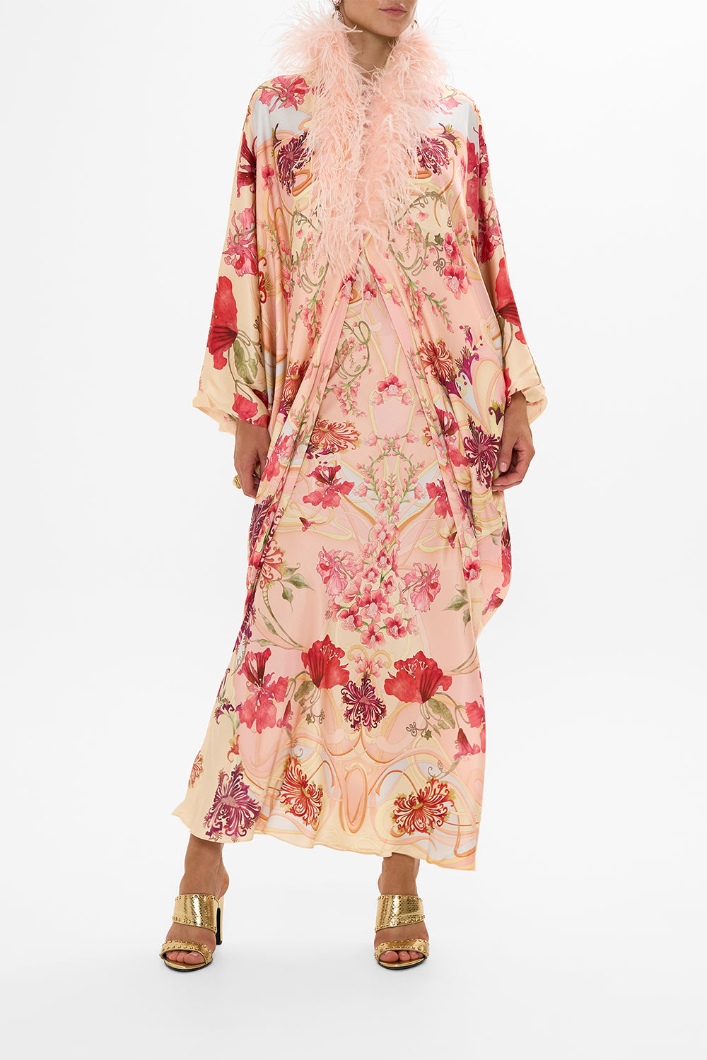 CAMILLA Floral Draped Back Layer with Feather Collar in Blossoms and Brushstrokes