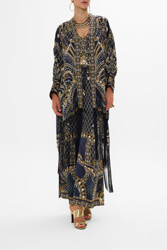 CAMILLA Gold High Low Hem Layer with Macrame Fringing in Dance with the Duke print