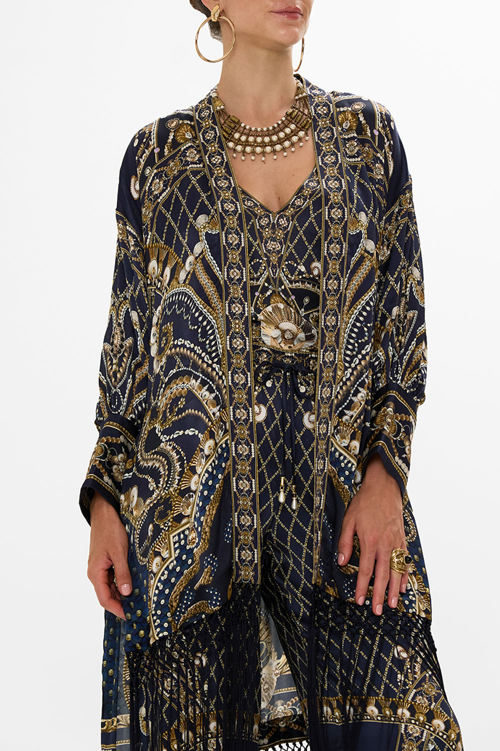 CAMILLA Gold High Low Hem Layer with Macrame Fringing in Dance with the Duke print