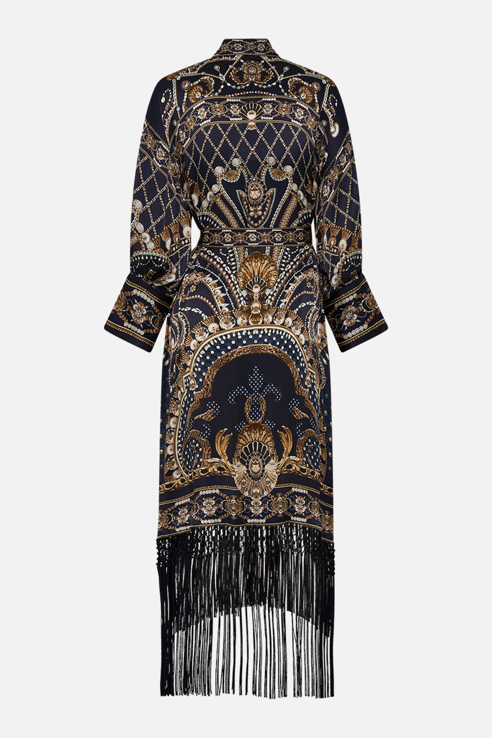CAMILLA Gold High Low Hem Layer with Macrame Fringing in Dance with the Duke print