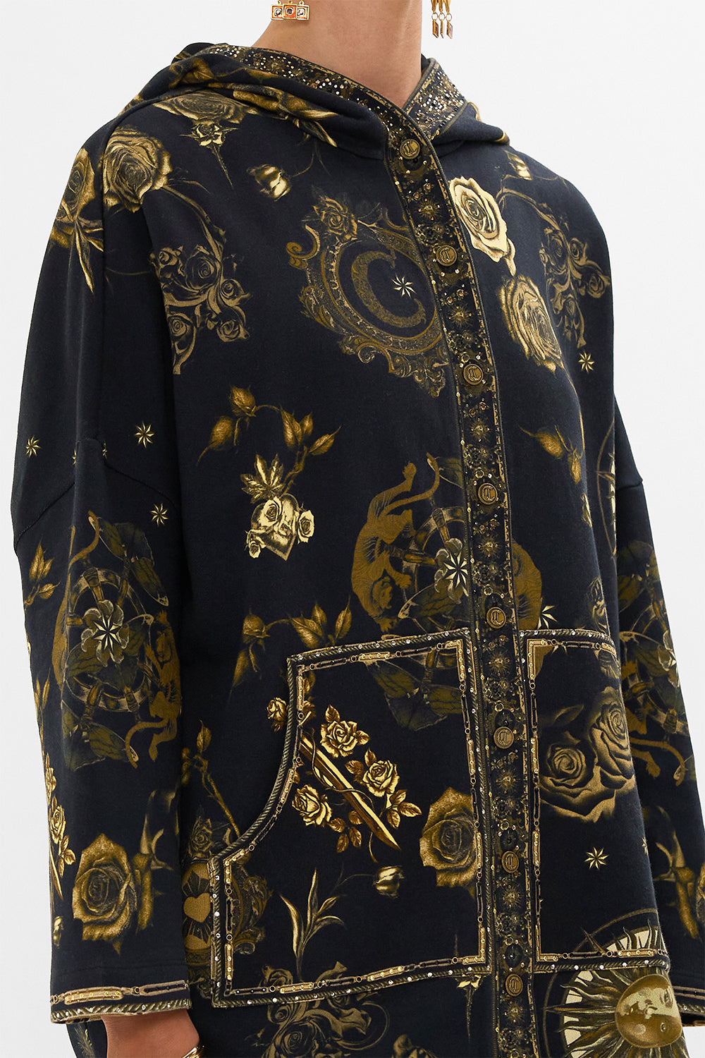 CAMILLA black hoodie jacket with pockets in So Says The Oracle print.
