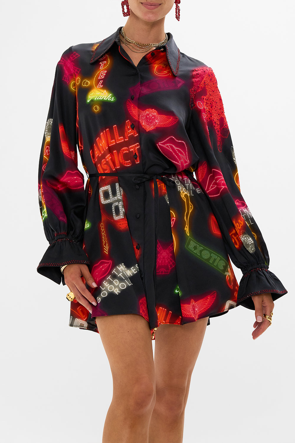 CAMILLA Black Shift Shirt Dress in Electric Loveland