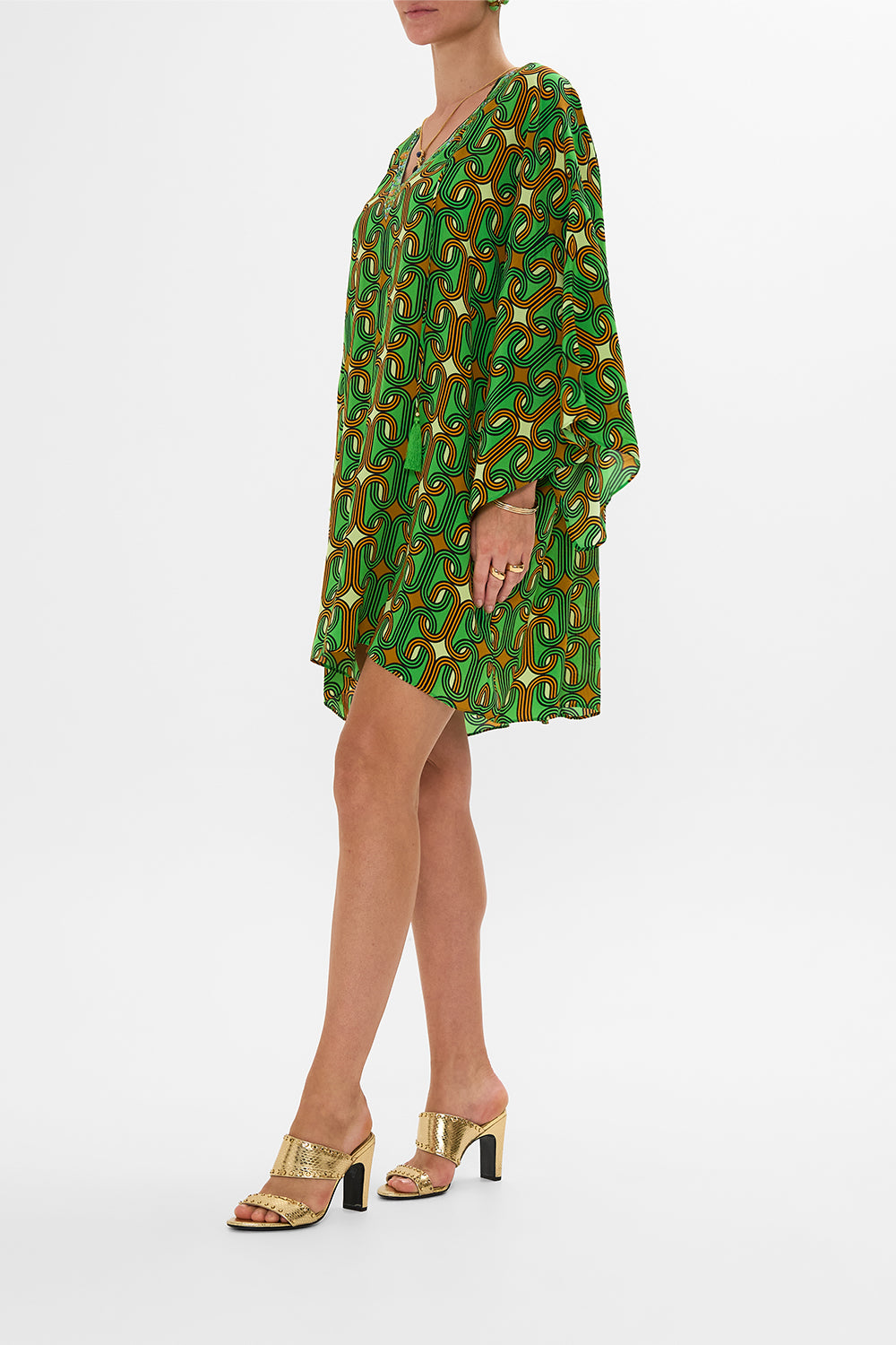 CAMILLA Green V-Neck Short Kaftan with Ties in Good Vibes Generation