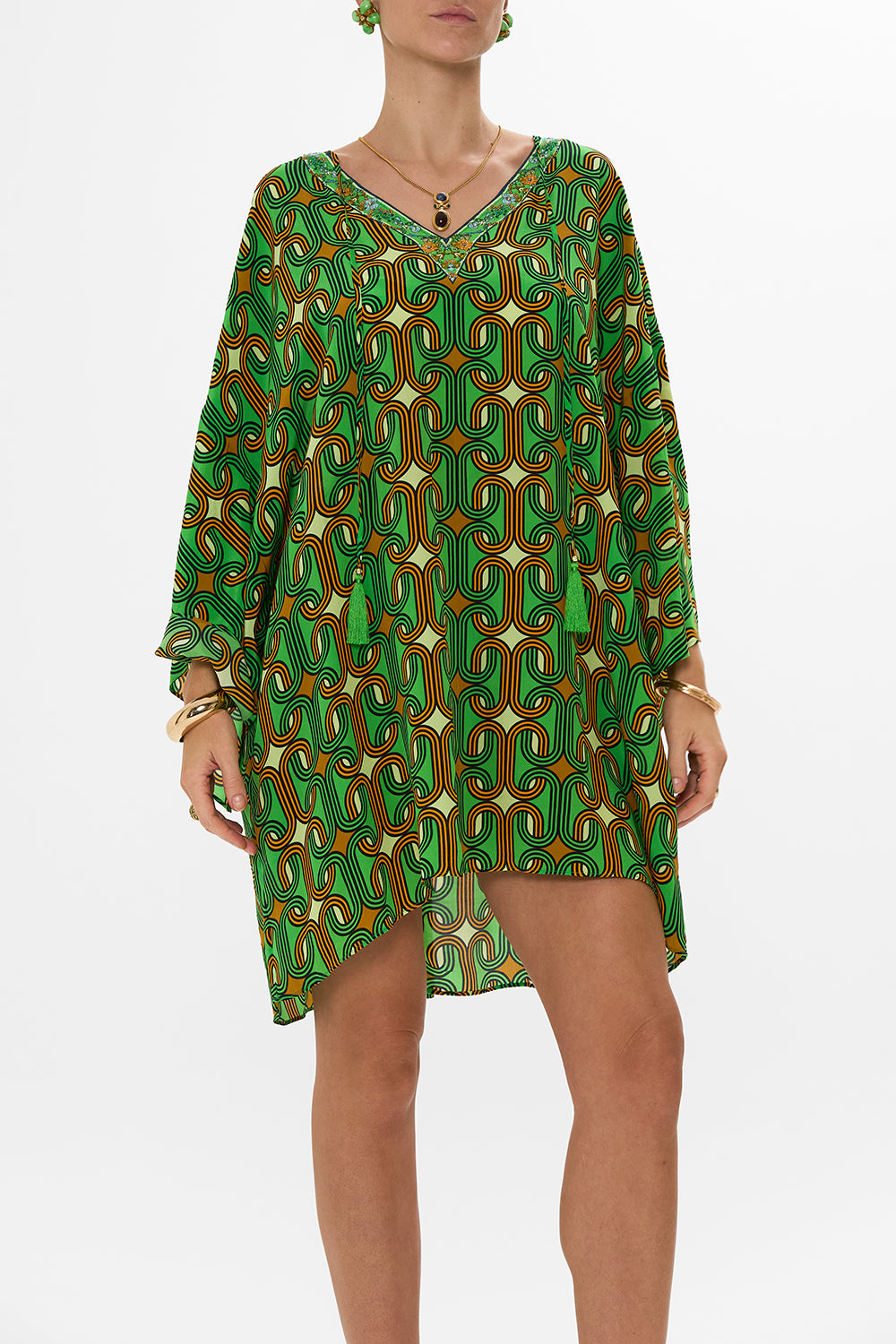 CAMILLA Green V-Neck Short Kaftan with Ties in Good Vibes Generation