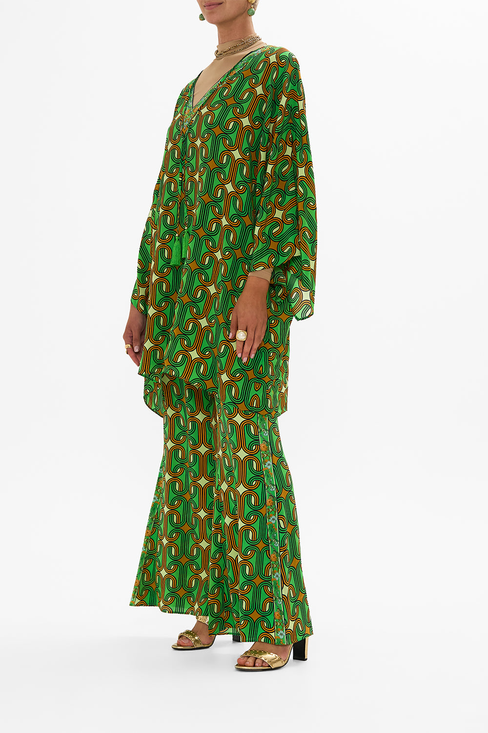 CAMILLA Green V-Neck Short Kaftan with Ties in Good Vibes Generation