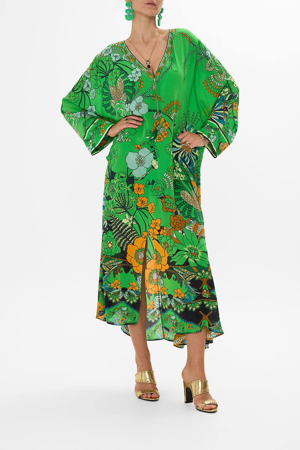 CAMILLA Green Pocket Kaftan with Zip in Good Vibes Generation print