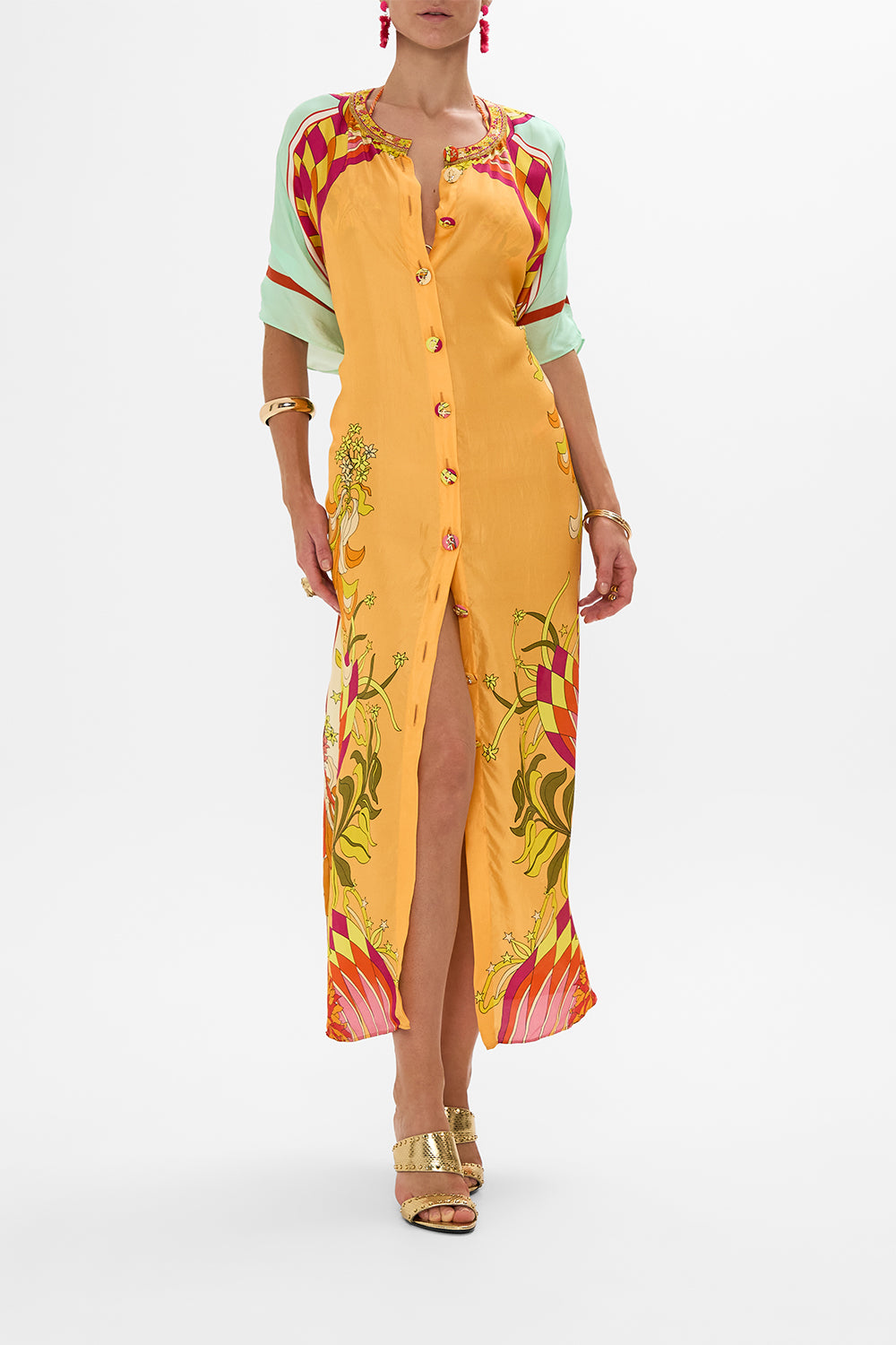 CAMILLA Floral Button Through Batwing Kaftan in The Flower Child Society