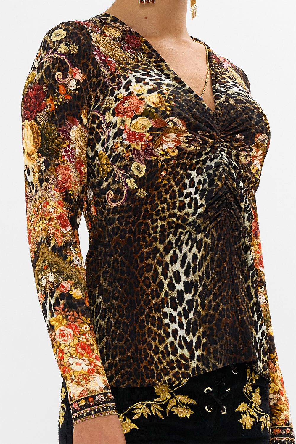CAMILLA leopard ruched long sleeve dress in Born in Bruges print. 