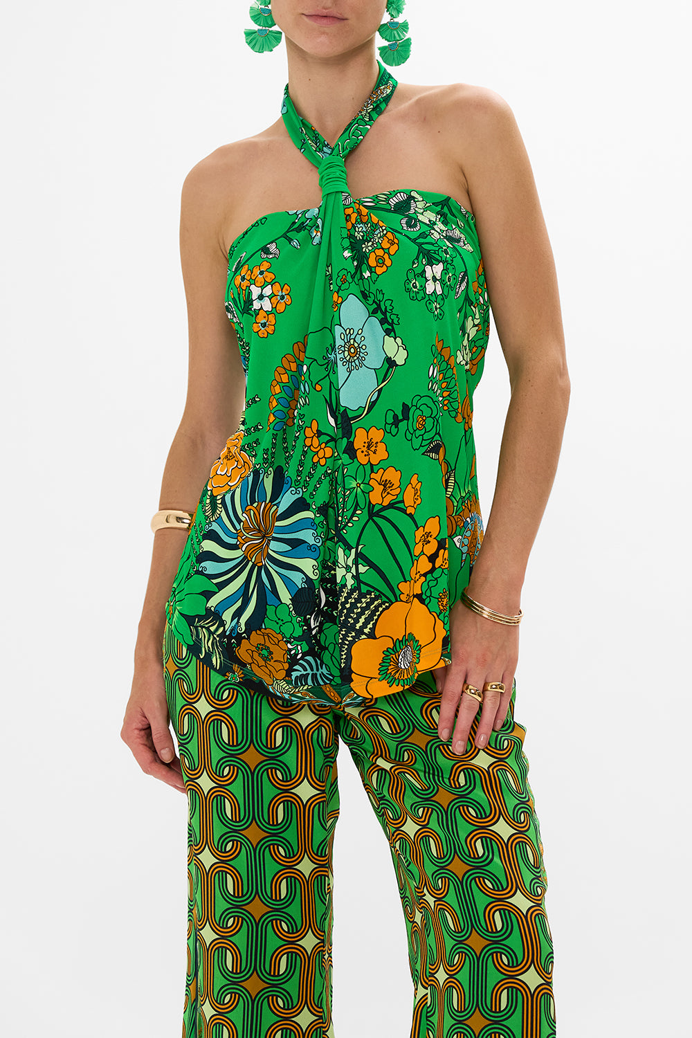 CAMILLA Green Draped Jersey Halter Top in Good Vibes Generation