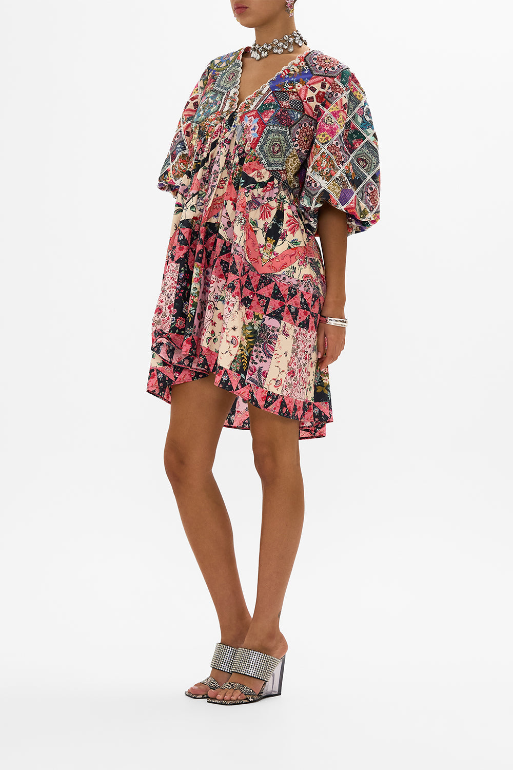 CAMILLA Patchwork Quilted Puff Sleeve Dress in Patchwork Poetry print