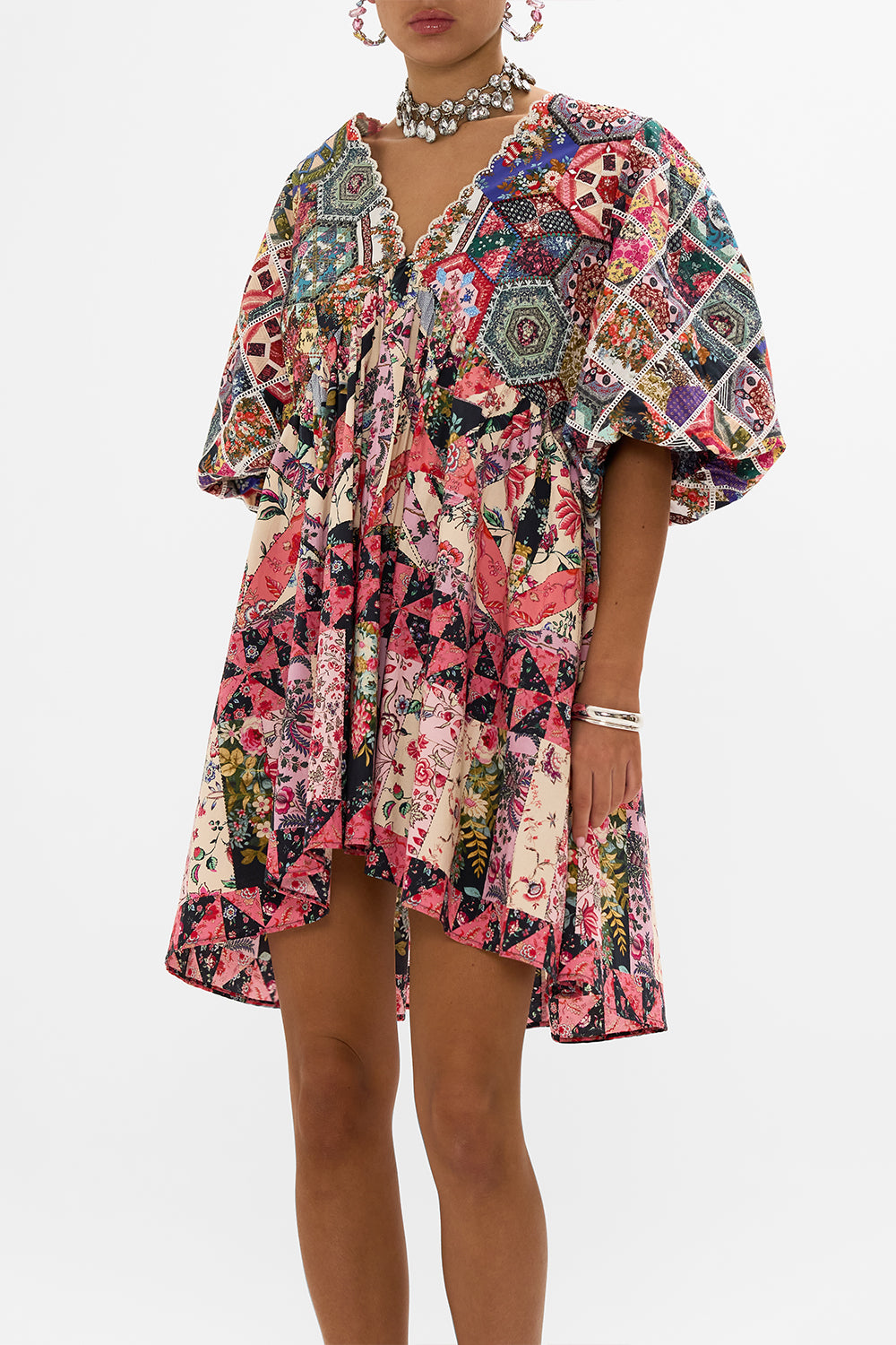 CAMILLA Patchwork Quilted Puff Sleeve Dress in Patchwork Poetry print