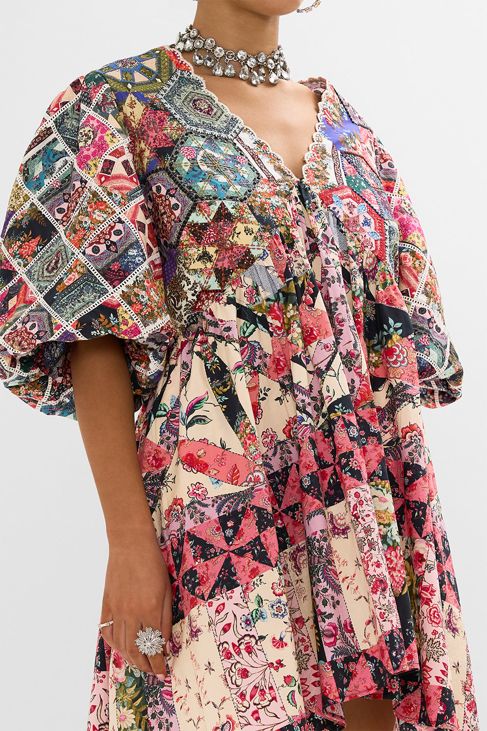 CAMILLA Patchwork Quilted Puff Sleeve Dress in Patchwork Poetry print