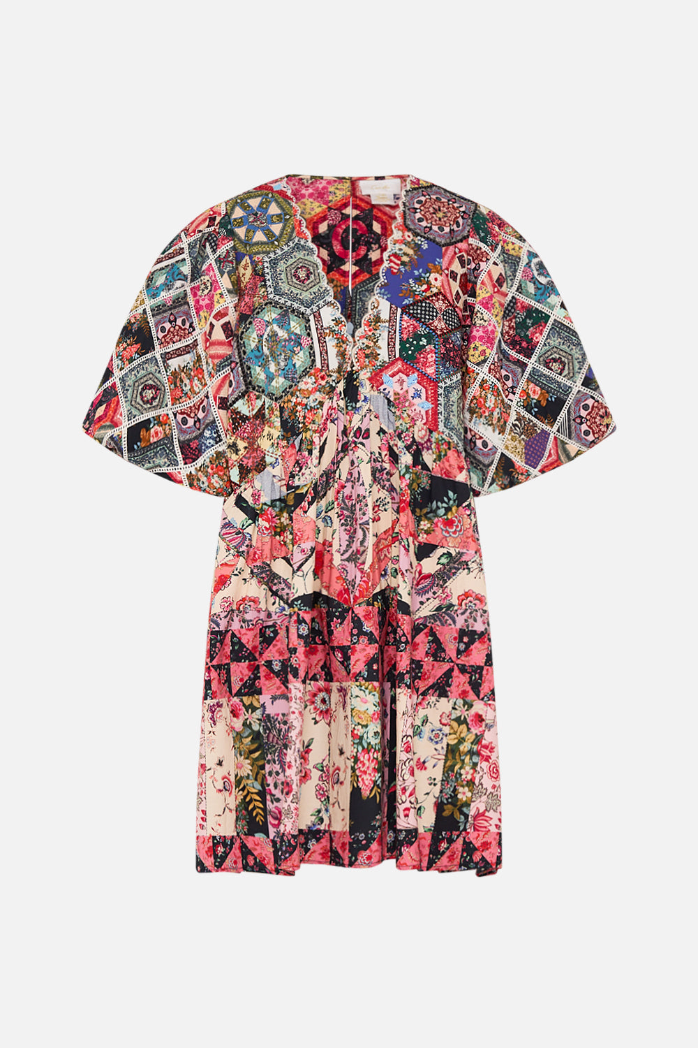CAMILLA Patchwork Quilted Puff Sleeve Dress in Patchwork Poetry print