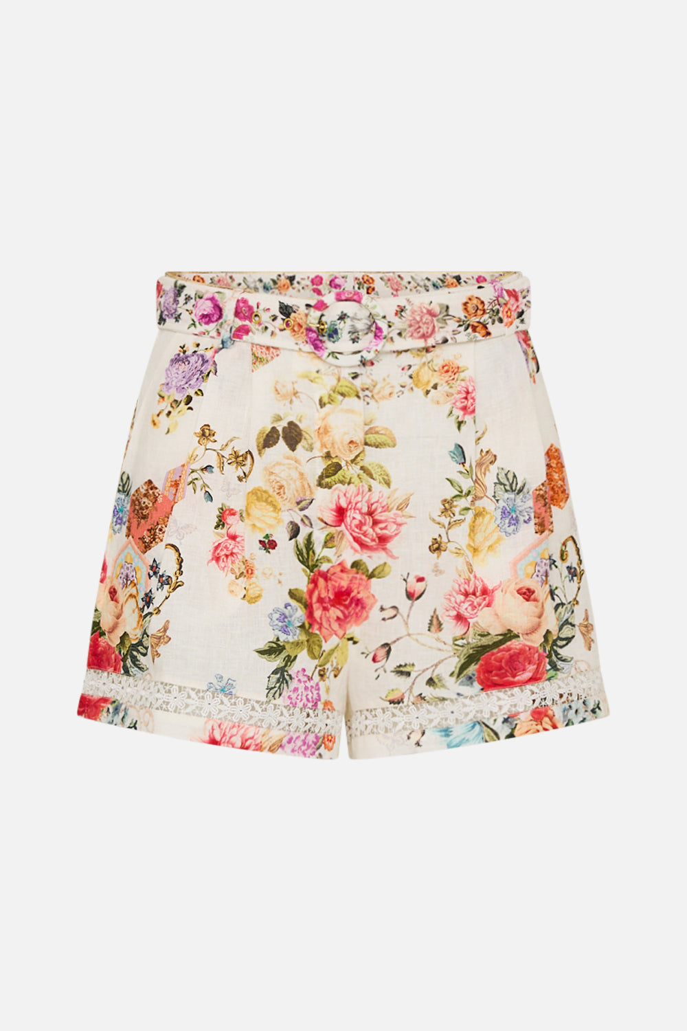 CAMILLA floral high-waisted shorts with lace insert in Sew Yesterday