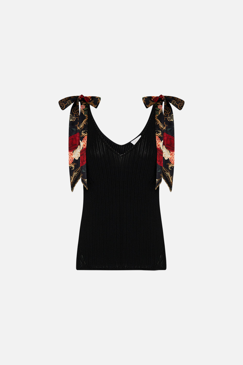 CAMILLA Black Knit Top with Silk Bow Detail in Magic in the Manuscripts print